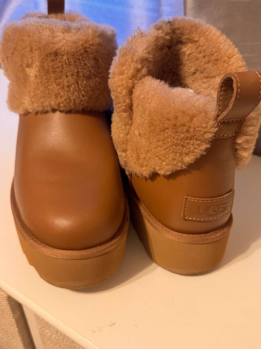 UGG Tan Shearling-Lined Cuffed Platform Slippers